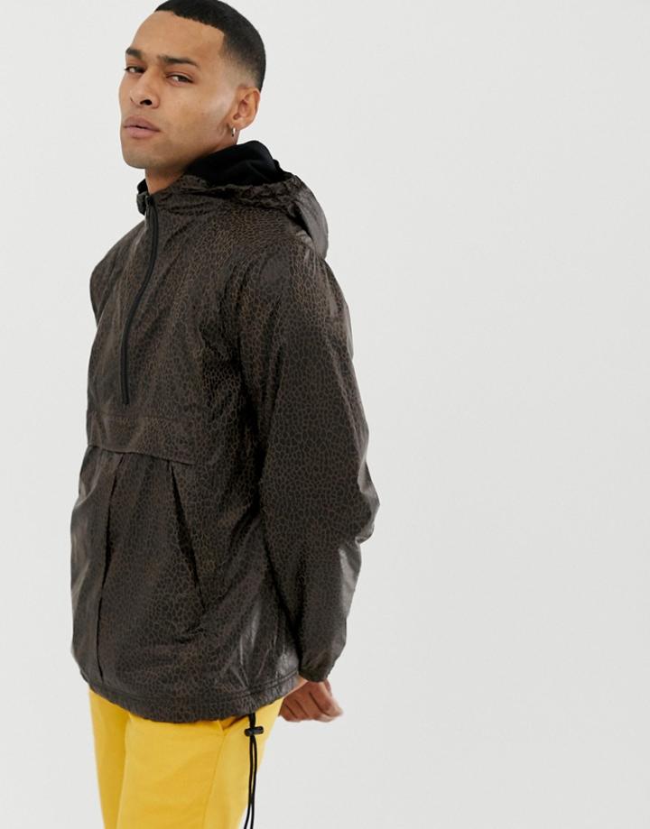 Asos Design Fleece Lined Windbreaker In Leopard Print-brown