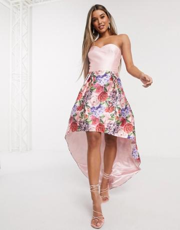 Chi Chi London Bandeau Prom Dress With High Low Hem In Mink Floral-pink