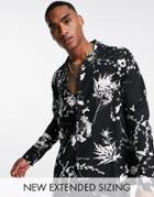 Asos Design Relaxed Revere Shirt In Monochrome Floral Print-black