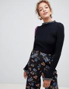 Wild Flower Flared Sleeve And High Neck Contrast Trim Sweater-black