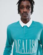 Asos Design Relaxed Rugby Long Sleeve Polo With Embroidered Realise Text - Green