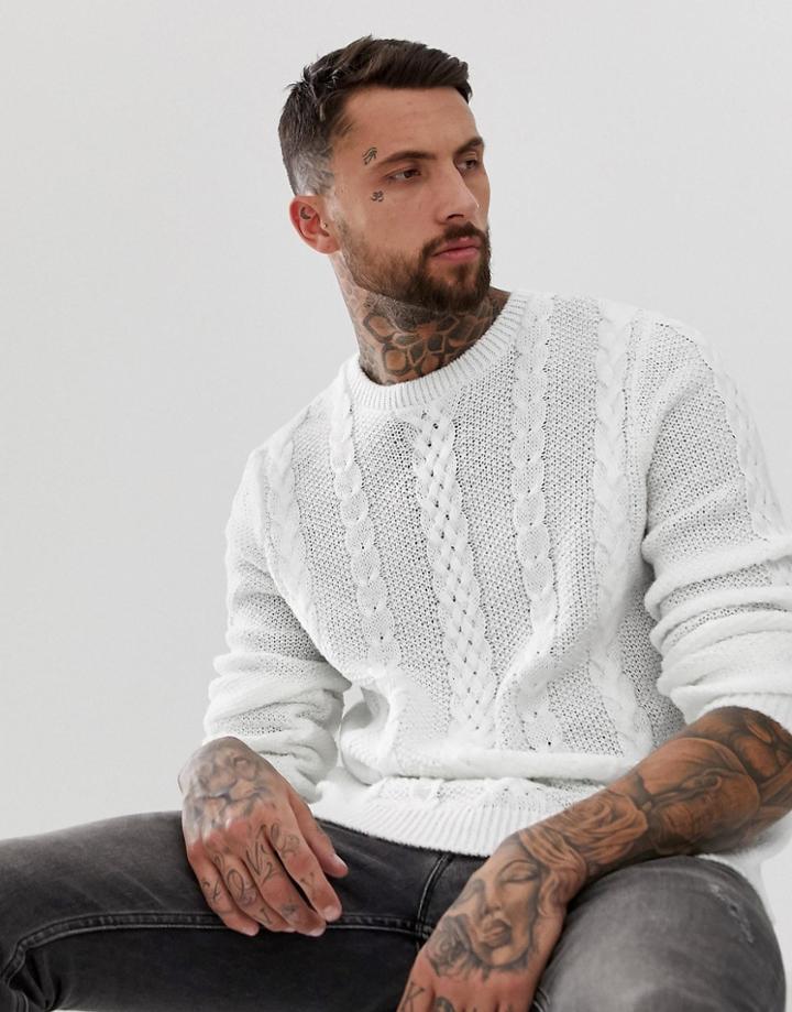 Asos Design Relaxed Fit Cable Knit Sweater In Off White - White