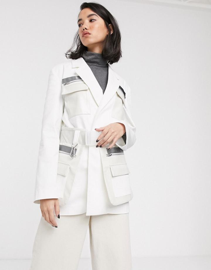 Asos Design Premium Clean Utility Blazer With Leather Look Pocket And Belt Detail-white
