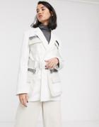 Asos Design Premium Clean Utility Blazer With Leather Look Pocket And Belt Detail-white