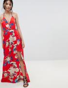 Parisian Floral Print Cami Maxi Dress - Red