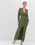 Asos Design Maxi Dress With Batwing Sleeve And Wrap Waist In Scatter Sequin - Green