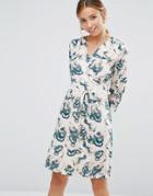Closet Blue Print Cross Over Long Sleeve Dress - Cream