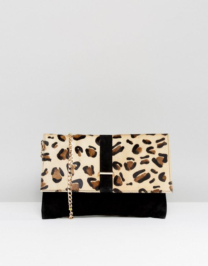 Urbancode Leopard Print Pony Hair Clutch Bag With Detachable Strap - Black