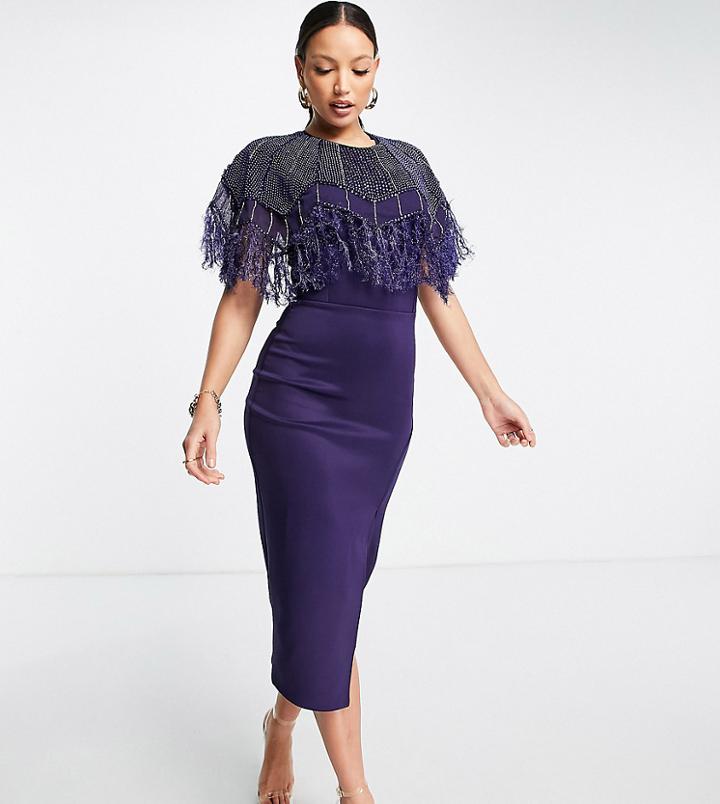 Asos Design Tall Embellished Scuba Pearl Feather Midi Dress In Midnight Blue-multi