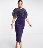 Asos Design Tall Embellished Scuba Pearl Feather Midi Dress In Midnight Blue-multi