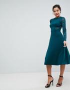 Asos Premium Midi Scuba Skater Dress With Lace Sleeves - Green