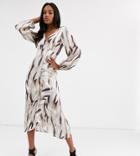 True Violet Exclusive Plunge Front Wrap Midaxi Dress In Brown Print