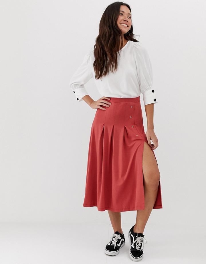 Asos Design Midi Skater Skirt With Split And Poppers - Brown