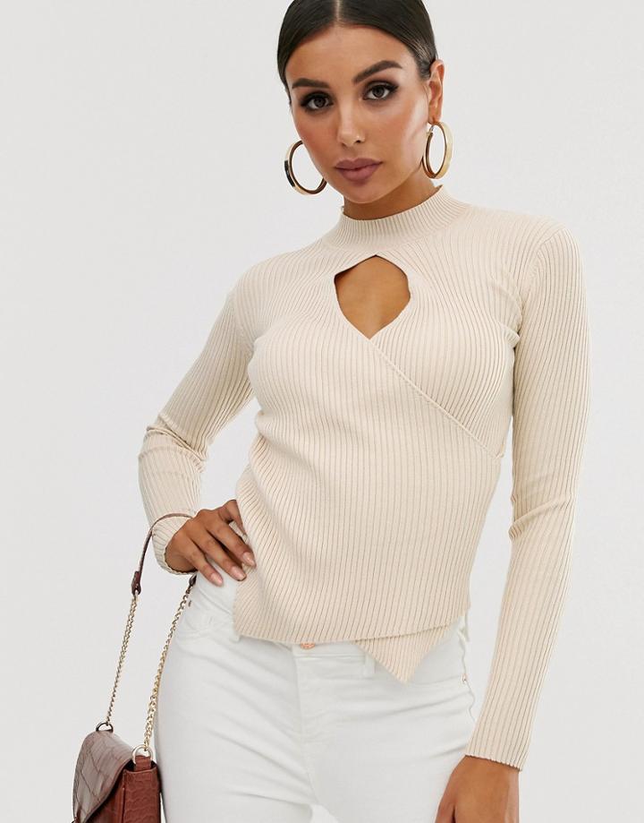 4th + Reckless Ribbed Wrap Sweater With Keyhole In Mocha-beige