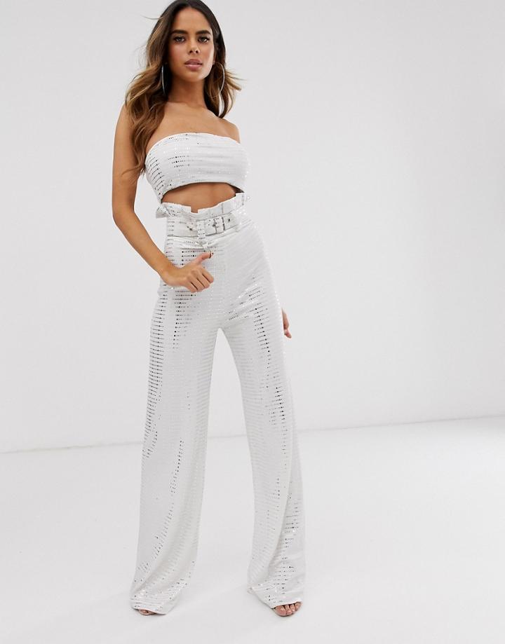 Club L London Sparkle Paperbag Waist Wide Leg Pants In White - Cream