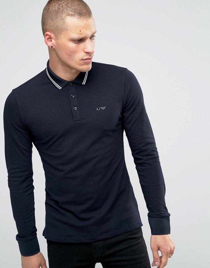 Armani Jeans Polo Shirt With Tipping In Navy Slim Stretch Fit Long Sle
