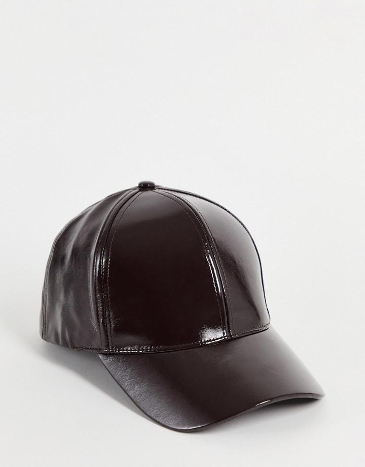Asos Design Vinyl Baseball Cap In Dark Brown
