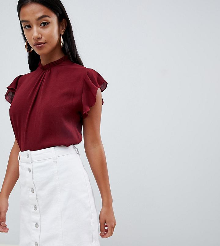 Boohoo Petite High Neck Frill Sleeve Blouse In Red - Red