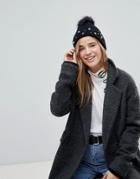 Johnny Loves Rosie Flower Embellished Beanie Hat With Pom - Black