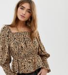Asos Design Petite Long Sleeve Square Neck Top With Shirred Sleeve Detail In Tiger Animal Print - Multi