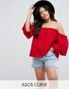Asos Curve Off Shoulder Top With Fluted Sleeves In Broderie - Red