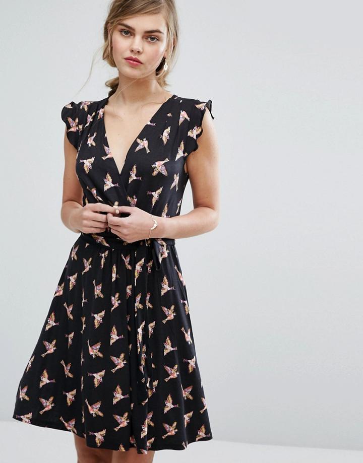 Oasis Bird Print Wrap Dress - Black