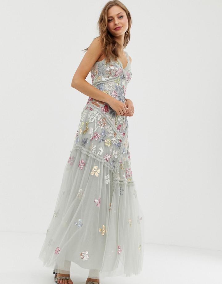 Needle & Thread Embellished Cami Strap Gown In Pistachio - Green