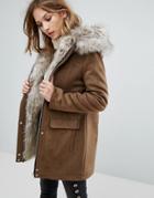 Urbancode Smart Parka Coat With Faux Fur Trim - Brown