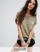 Milk It Vintage Oversized Distressed T-shirt With Sun Moon Patch - Green