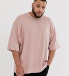 Asos Design Plus Oversized Longline Waffle T-shirt With Half Sleeve In Pink - Pink