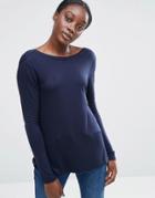 Asos Scoop V Back Top With Long Sleeve - Navy