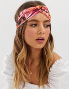 Asos Design Headband With Twist Front In Palm Print In Pink - Multi