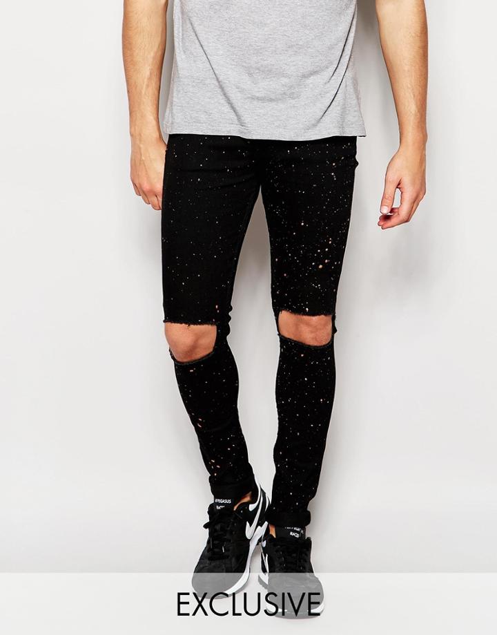 Reclaimed Vintage Super Skinny Jeans With Knee Rips And Paint Splatter - Black