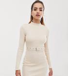 Missguided High Neck Ribbed Belted Dress In Beige - Beige