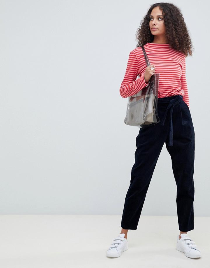 Asos Design Tapered Tie Waist Pants In Jumbo Cord-navy