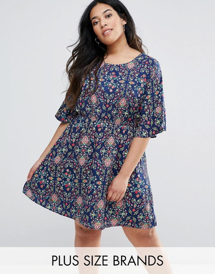 Yumi Plus Printed Dress With Frill Sleeves - Navy
