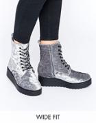 New Look Wide Fit Lace Up Velvet Biker Boots - Gray