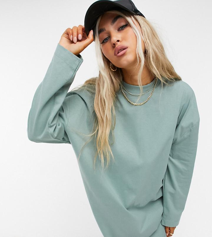 Collusion Long Sleeve Mini T-shirt Dress In Pale Green