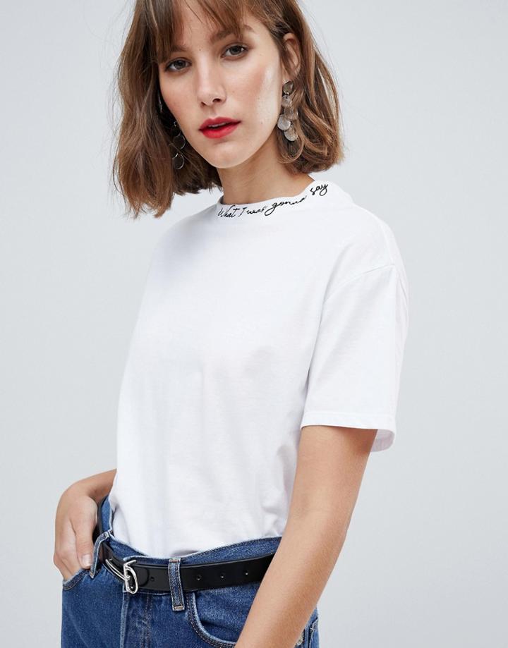 Mango Embroidered Slogan Neck T-shirt - White