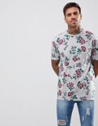 Asos Longline T-shirt With Floral Print - Gray