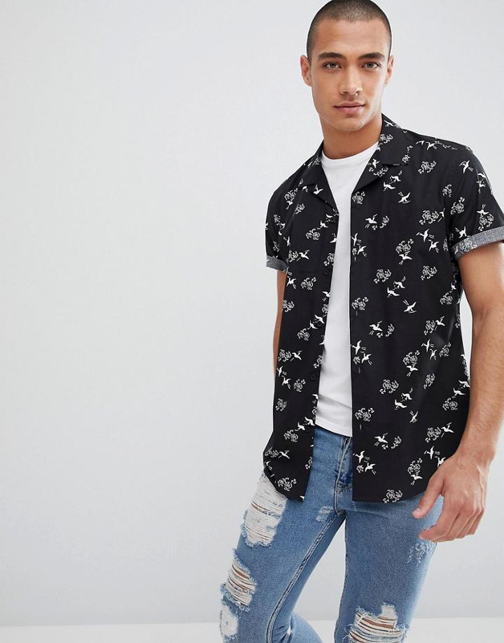 Asos Design Stretch Slim Bird And Floral Shirt - Black