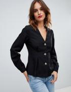 Asos Design V Neck Button Through Long Sleeve Top With Pleat Detail-black