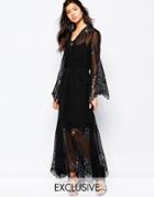 White Sand Excalibur All Over Chiffon And Lace Maxi Dress With Tie Front - Black