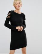 Oneon Hand Knitted Sweater Dress With Exposed Shoulder Detail - Black