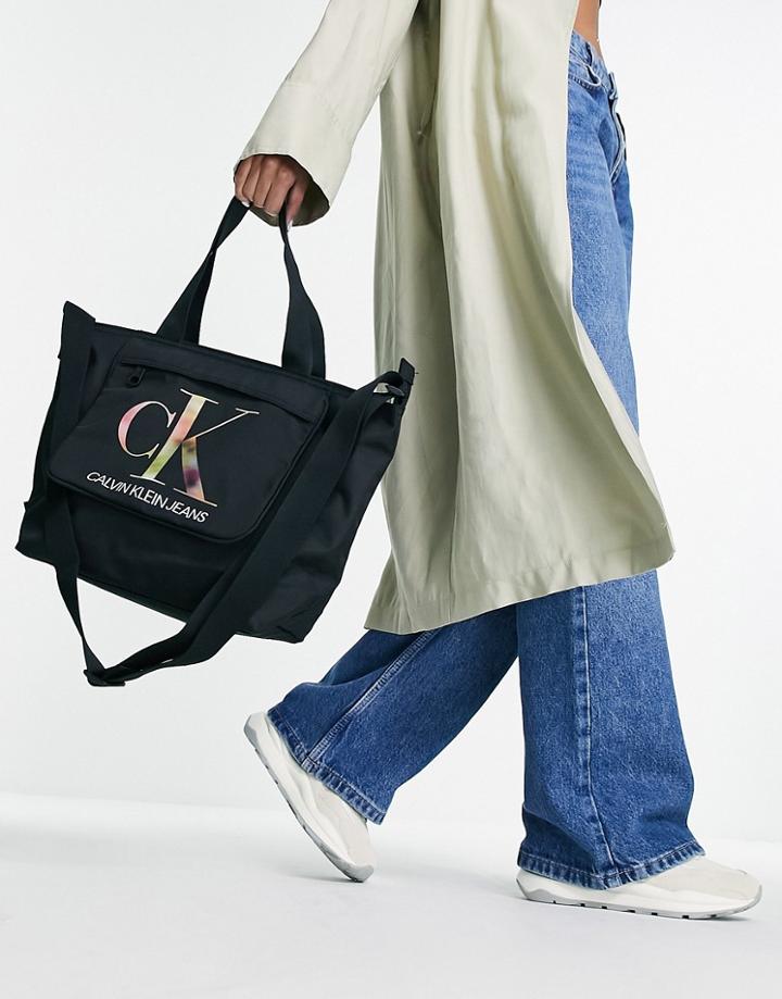 Calvin Klein Jeans Monogram Logo Shopper In Black