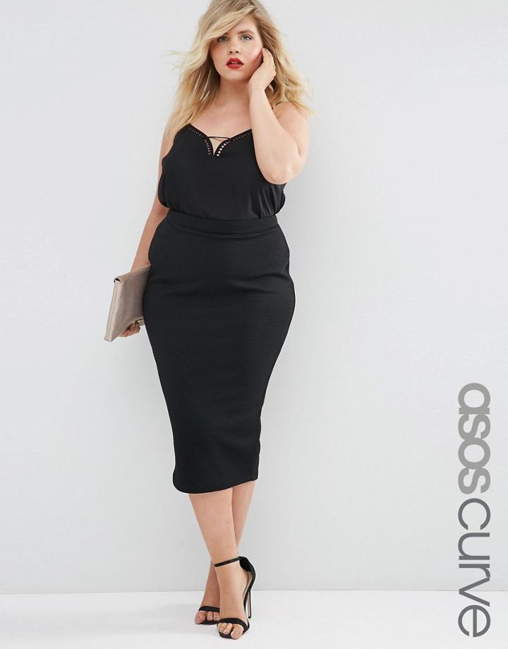 Asos Curve Midi Pencil Skirt In Textured Rib - Black