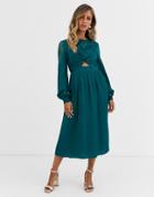 Little Mistress Satin Midi Dress With Cut Out Waist In Teal-blue