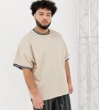Asos Design Plus Oversized Longline T-shirt With Contrast Tipping In Poly Tricot - Beige