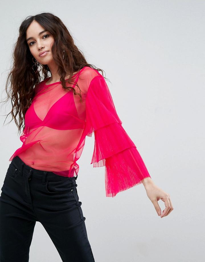 Asos Ultimate Top In Mesh With Wowzer Ruffle Sleeves - Pink