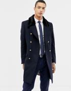 Twisted Tailor Military Coat With Faux Fur Collar - Navy